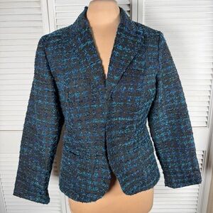 Chico’s Tweed Blazer Black Blue Size 1 (M) Elegant Textured Statement Jacket